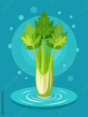 A celery stalk rests on a watery backdrop, its crisp green leaves and fibrous texture captured in detail.