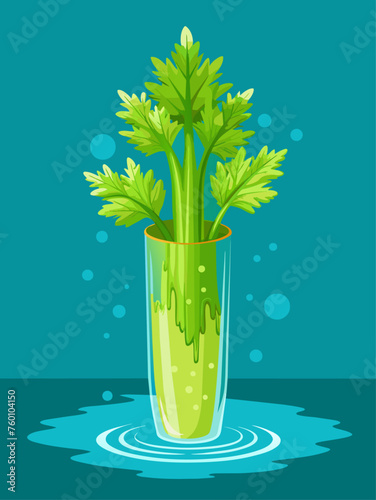 A crisp celery stalk resting in a pool of clear water, creating a refreshing and vibrant visual.