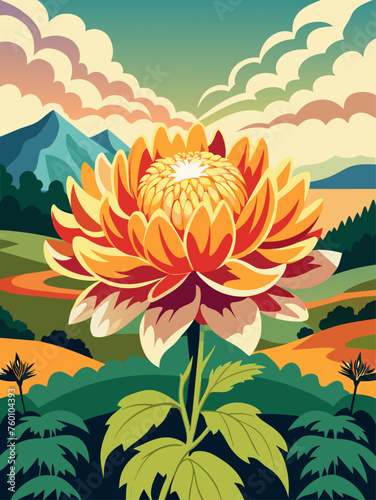 Colorful chrysanthemums bloom in a picturesque vector landscape.