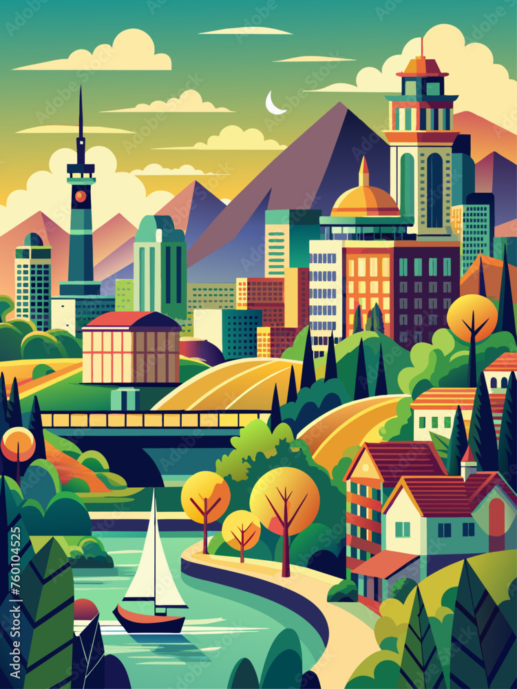 City vector landscape background featuring tall buildings, roads, and trees in a modern cityscape.