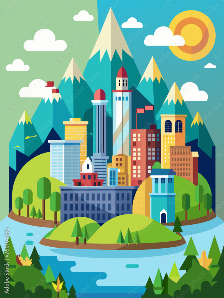 City vector landscape background featuring modern skyscrapers, bustling streets, and lush greenery.