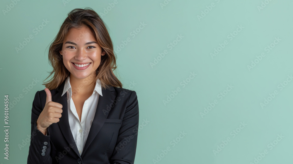 Hispanic businesswoman thumb up smile for success achievement performance Hispanic businesswoman thumb up smile for success achievement performance