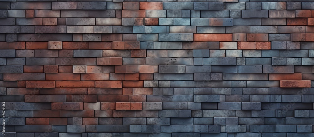 A detailed shot showcasing the intricate brickwork pattern on the facade of a building, with a roof in the background. The combination of brick and wood creates a unique composition - obrazy, fototapety, plakaty 