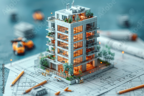 A construction blueprint or construction design drawing and a miniature model of the expected completed construction of a tower apartment. The owner and the contractor enter into a contract. architect