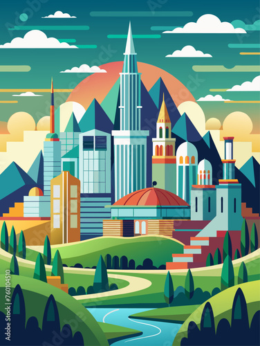 This cityscape vector landscape background features modern buildings and structures set against a vibrant sunset sky.