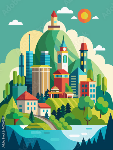 City vector landscape background featuring modern skyscrapers, bustling streets, and lush greenery.