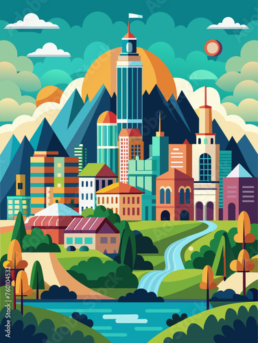 Cityscape vector illustration with tall buildings and a vibrant sky.