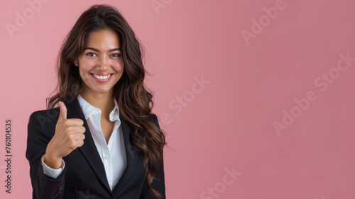 Hispanic businesswoman thumb up smile for success achievement performance