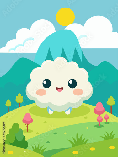 Adorable clouds drift across a soft blue sky in this charming vector landscape.