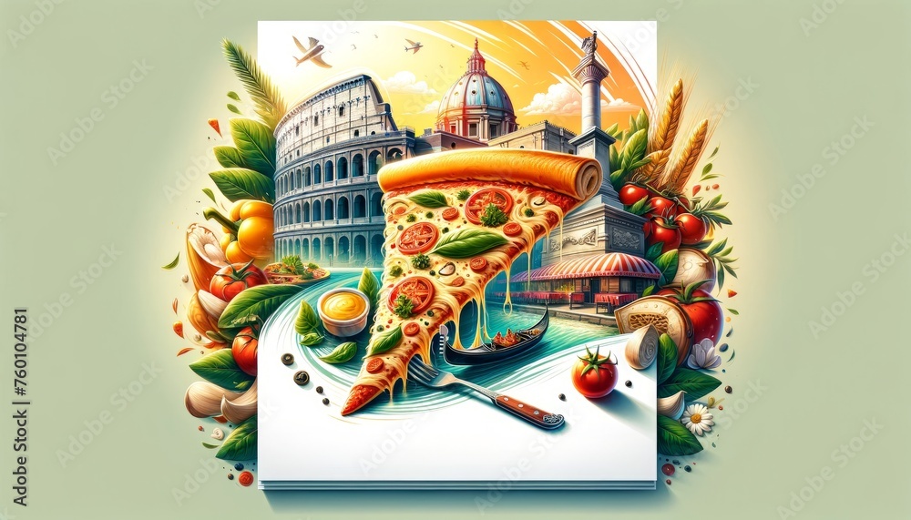Pizza slice with iconic Italian landmarks in the background, warm sunset light.
