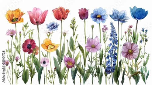  Various Blooming Flowers Including Tulips and Daisies - A Colorful Collection of Botanical Artistry  #760104728