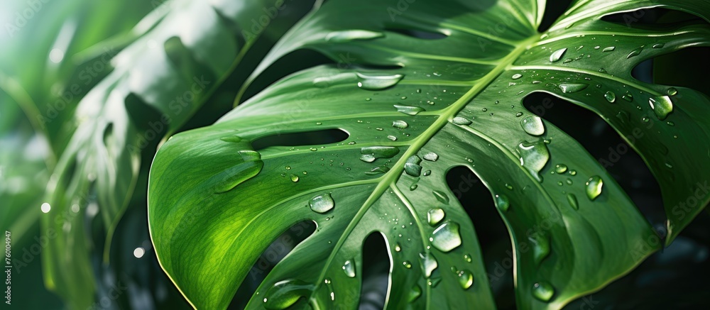 Macro photography of a terrestrial plant leaf with water drops, showcasing the beauty of fluid and moisture on a green surface Macro photography of a terrestrial plant leaf with water drops, showcasing the beauty of fluid and moisture on a green surface