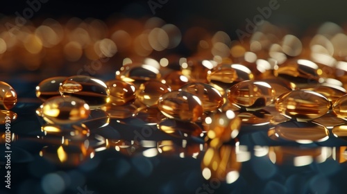 Golden fish oil capsules for health and wellness. Essential omega-3 supplements on reflective surface. Nutritional supplements close-up with soft focus background.