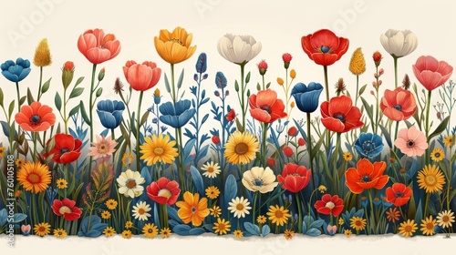  Various Blooming Flowers Including Tulips and Daisies - A Colorful Collection of Botanical Artistry 