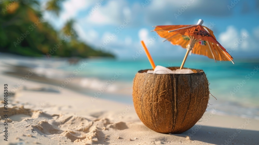 A coconut-flavored beer in a coconut shell cup, decorated with a mini umbrella and a straw, placed on a sandy beach background A coconut-flavored beer in a coconut shell cup, decorated with a mini umbrella and a straw, placed on a sandy beach background
