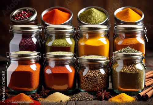 Fototapeta Naklejka Na Ścianę i Meble -  illustration, assorted spice mixes collection cooking seasoning blends glass jars, herbs, spices, culinary, ingredients, flavors, variety, condiment, aromatic