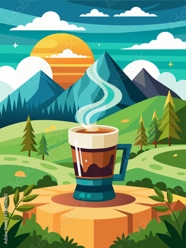 Coffee vector landscape background featuring a picturesque view of rolling hills, lush greenery, and a steaming cup of coffee in the foreground.