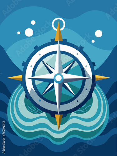 A compass floating on water, indicating direction and guiding the way.