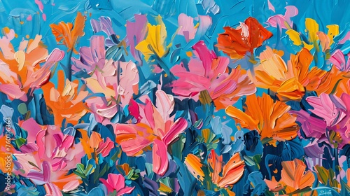 Colorful Flowers Painting on Blue Background © BrandwayArt