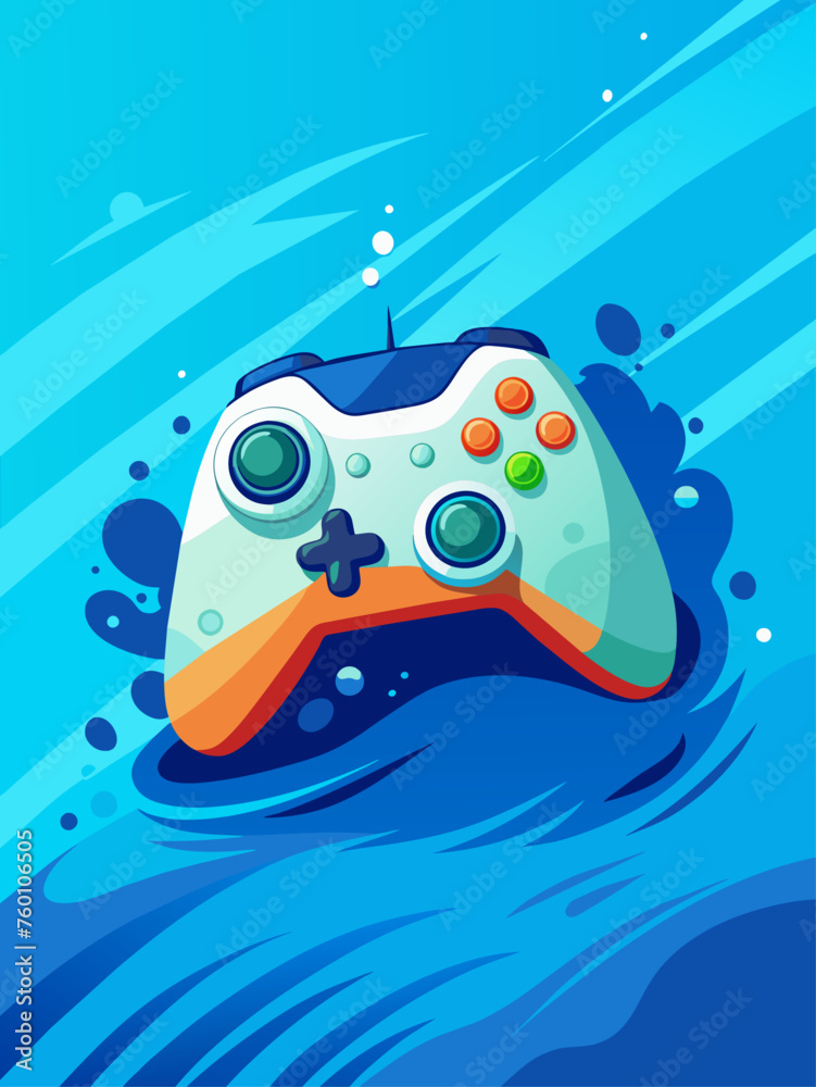 An Xbox game controller resting on a dark blue water background.