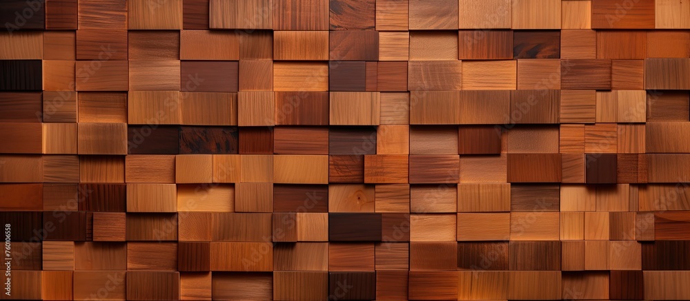 A closeup of a brown hardwood wall made of rectangular wooden squares with an amber wood stain. The material property gives the appearance of brickwork on the floor A closeup of a brown hardwood wall made of rectangular wooden squares with an amber wood stain. The material property gives the appearance of brickwork on the floor