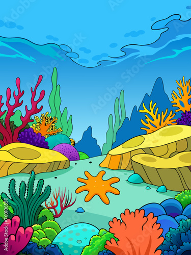 Submerged coral reefs and vibrant marine life flourish within a serene underwater landscape.