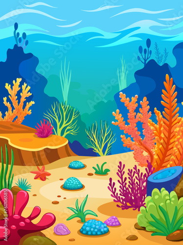 Submerged coral reefs and vibrant marine life flourish within a serene underwater landscape.