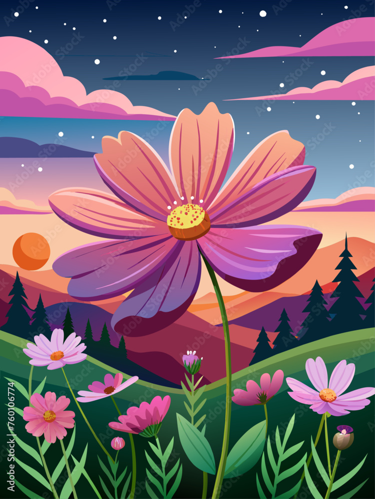 A tranquil vector landscape featuring vibrant cosmos flowers blooming in a serene outdoor setting.