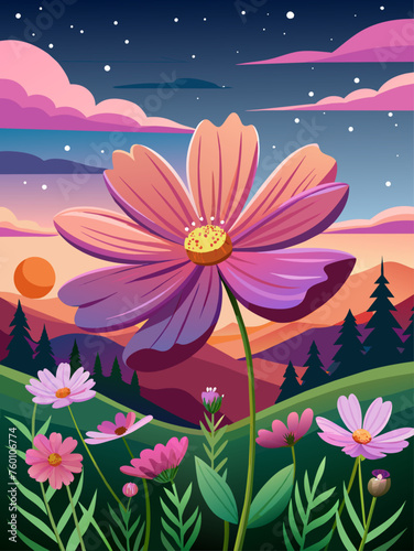 A tranquil vector landscape featuring vibrant cosmos flowers blooming in a serene outdoor setting.