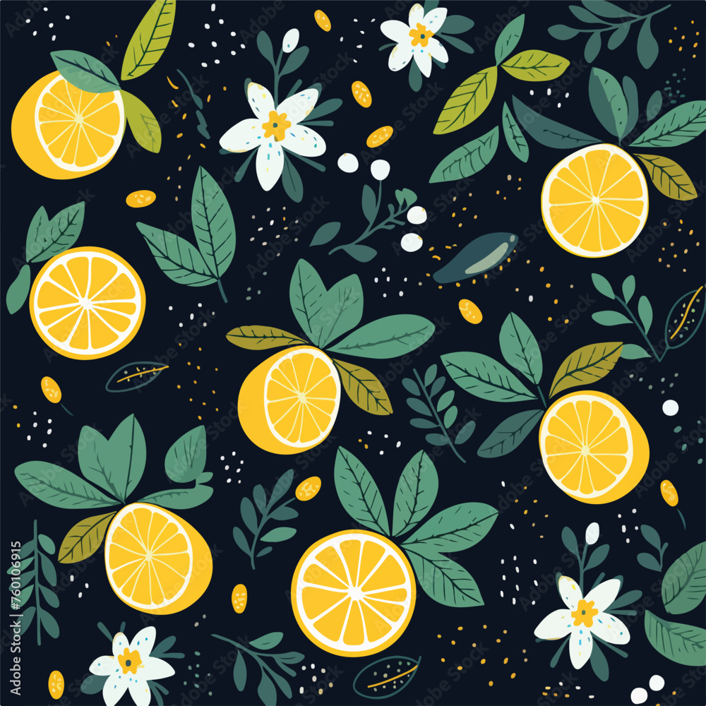 Stylized lemon slices and leaves on a dark backgrou