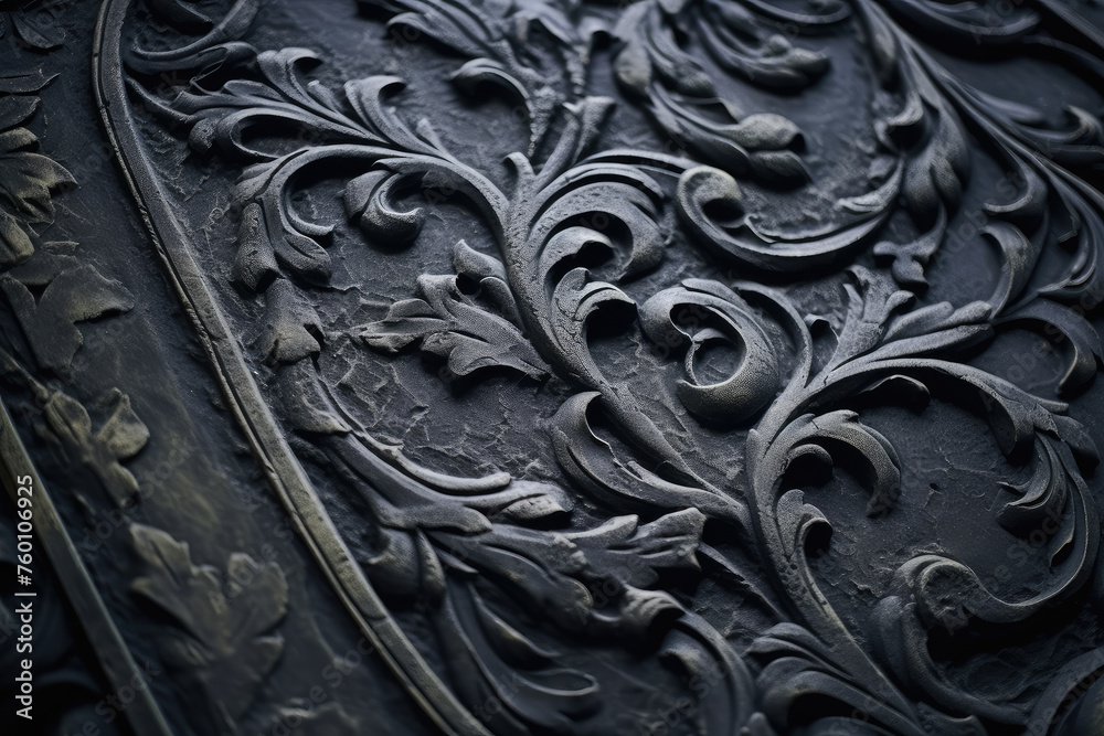 Dark Elegance: Intricate Black Baroque Floral Patterns Carved in Relief