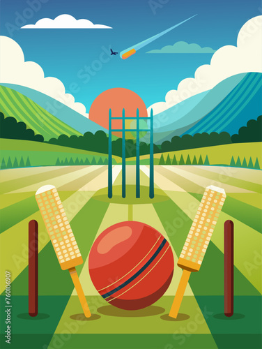 Cricketers battle on a lush green field against a picturesque backdrop of rolling hills and blue skies.