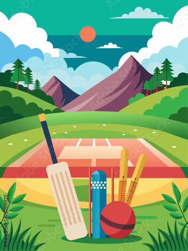 Cricket bat and ball on a lush green field under a clear blue sky.
