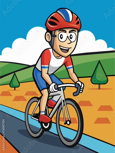 Professional cyclists in colorful uniforms race along a scenic mountain road, surrounded by verdant hills and a distant cityscape.