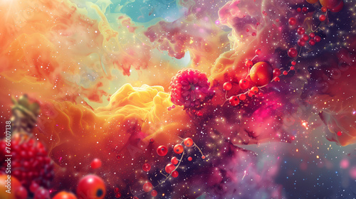 Galaxies and nebulas filled with sweet fruit  berries  currants  pineapples  oranges and lemons