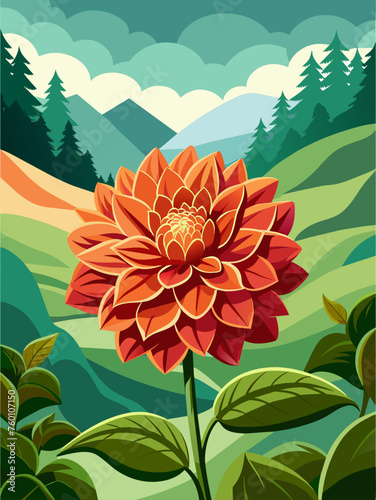 Colorful dahlia flowers bloom in a vibrant meadow with a distant mountain backdrop.