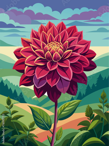 A field of vibrant dahlias in full bloom against a picturesque landscape backdrop.