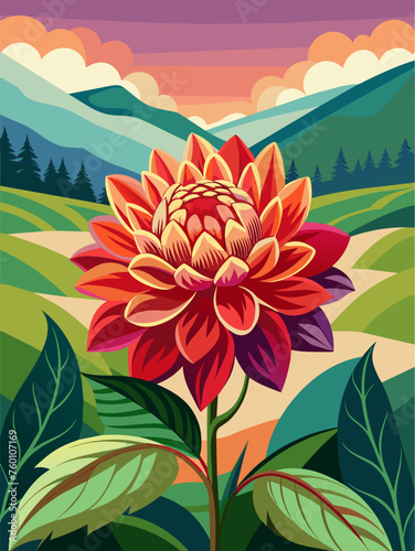 A field of vibrant dahlias in full bloom against a picturesque landscape backdrop.