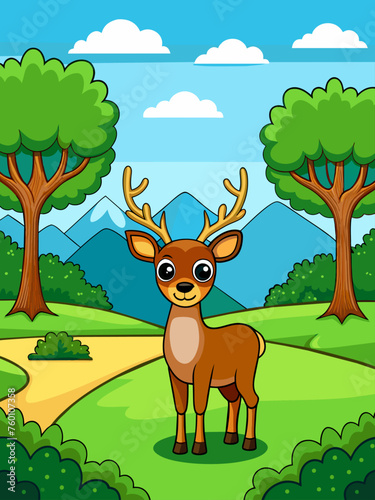 The deer stands majestically in a serene landscape with rolling hills and lush greenery.