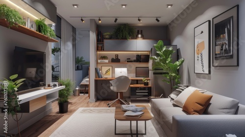 An image capturing a bright and airy modern living room seamlessly integrated with a sleek home workspace surrounded by plants