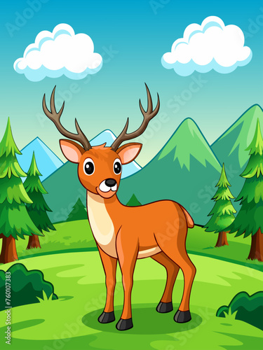 The deer stands majestically in a serene landscape with rolling hills and lush greenery.