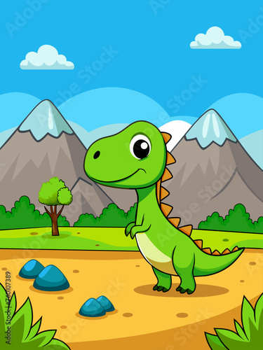 A dinosaur roams through a lush green landscape under a clear blue sky.