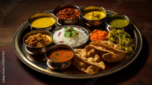 A flavorful display of Indian cuisine, this traditional thali includes various curries, rice, and chapati