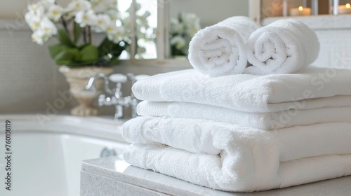 Clean white towels neatly folded and stacked