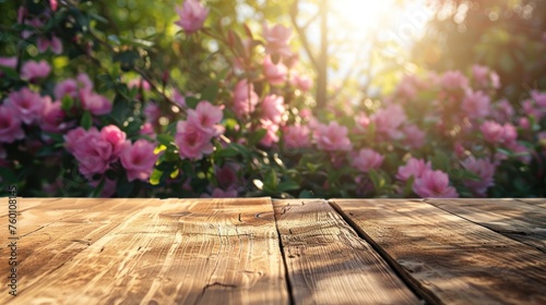 Natural delicate flowers on wooden table with sun rays background. AI generated image