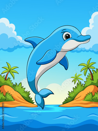 Tranquil dolphin soars through azure waters against a serene backdrop.