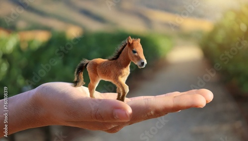 A hand holding a tiny horse. Hold your horses concept. Funny illustration of waiting or patience. 