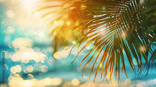 Beautiful green palm leaf on tropical summer beach blurred abstract background. AI generated © yusufadi