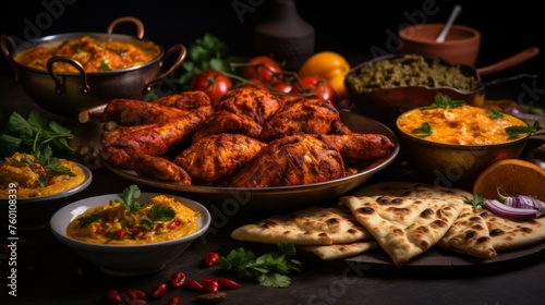 Lavish arrangement of Indian cuisine with tandoori chicken, curries, naan, and decor adding cultural touch