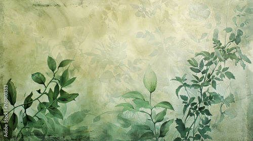 Abstract Botanical Background with green ferns on a beige background paper texture